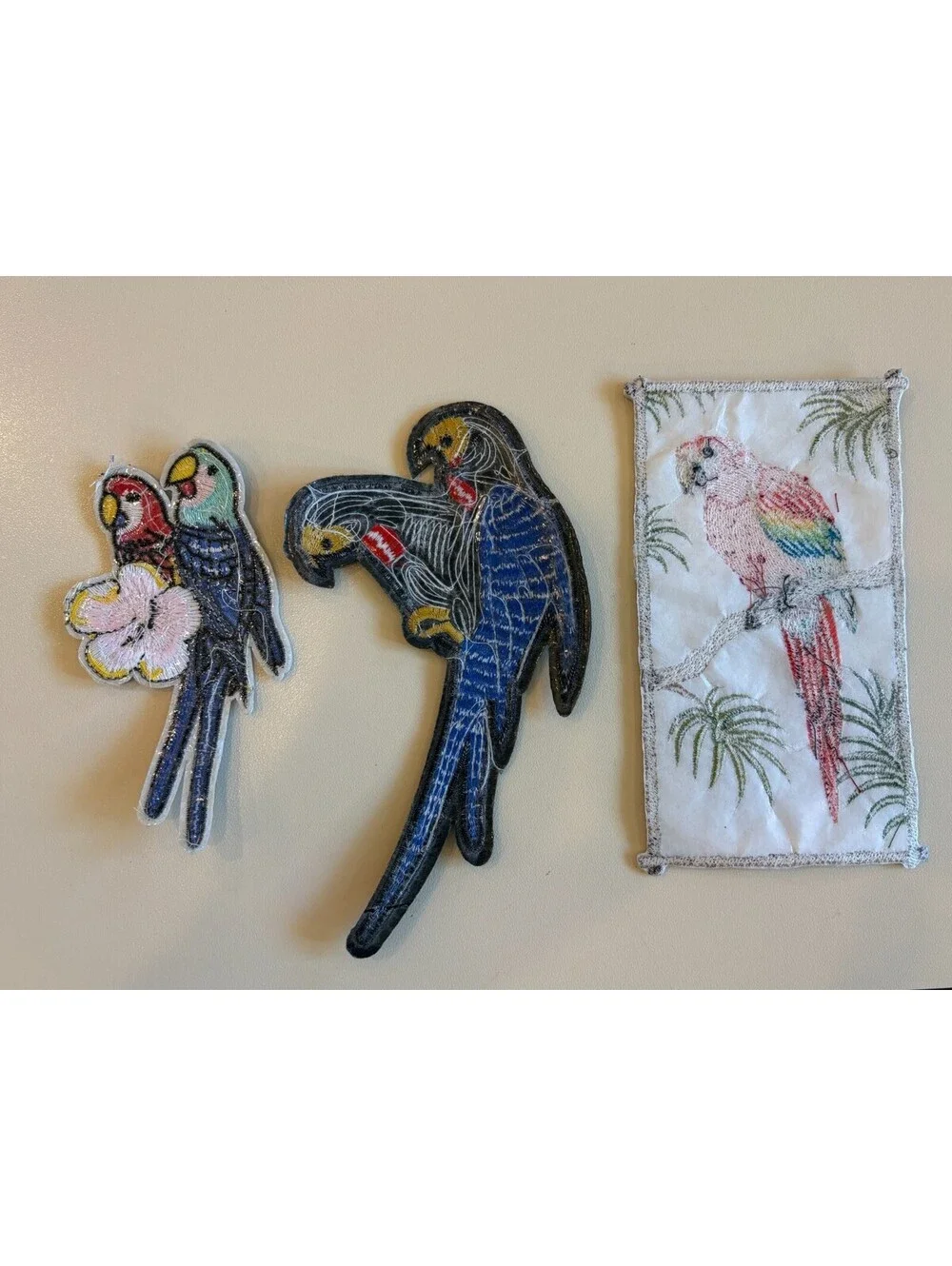 3 Vintage Parrot Applique Patch Lot Sequin Embroidered Macaw Birds DIY Craft